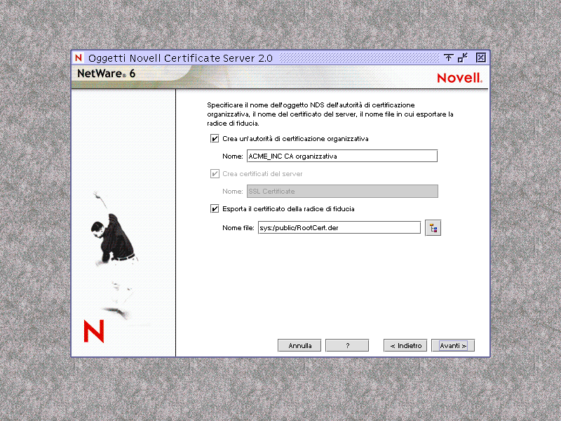 Schermata dell'installazione di Novell Certificate Server