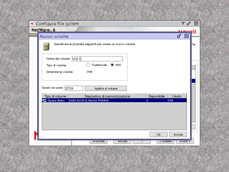 Schermata per la creazione di un nuovo volume