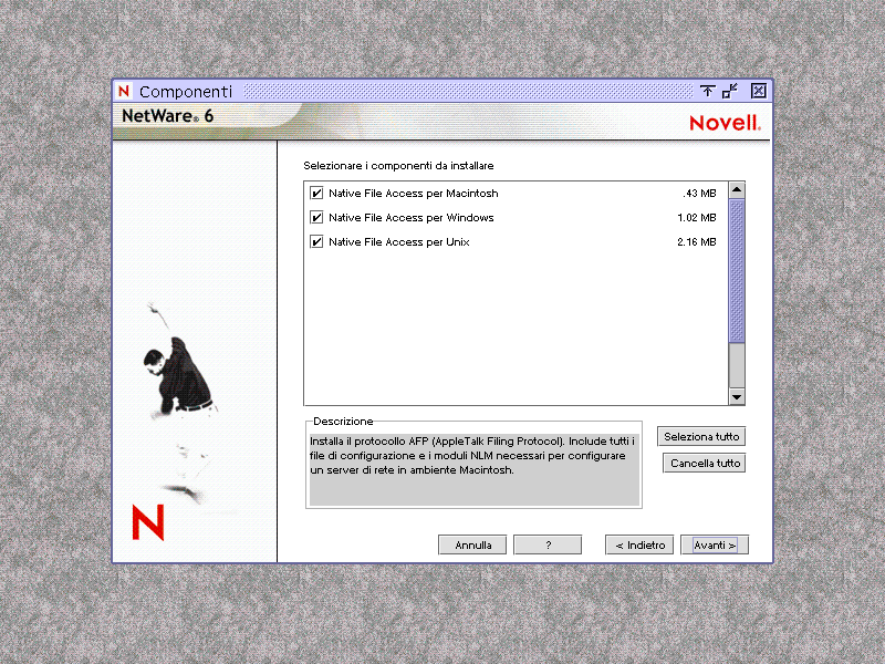 Schermata per la selezione dei componenti di Novell Native File Access Protocols