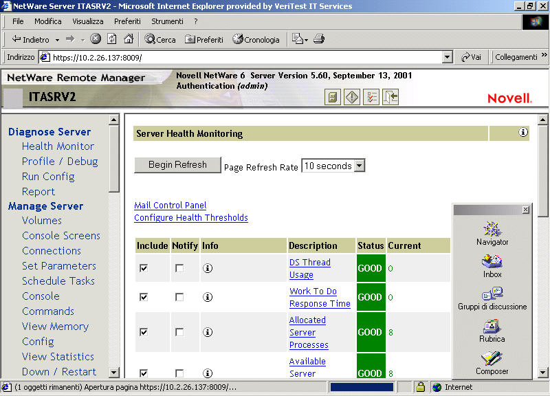 Monitoraggio dello stato del server con NetWare Remote Manager