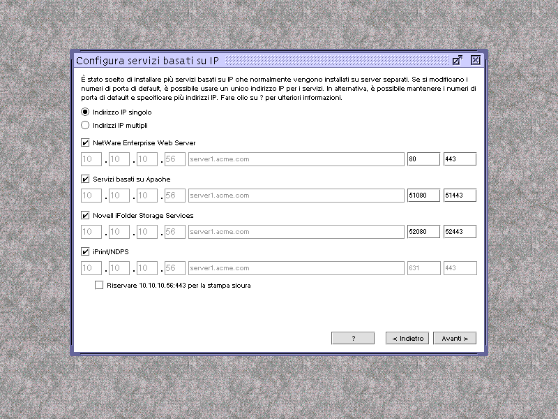 Schermata di configurazione dei servizi basati su IP