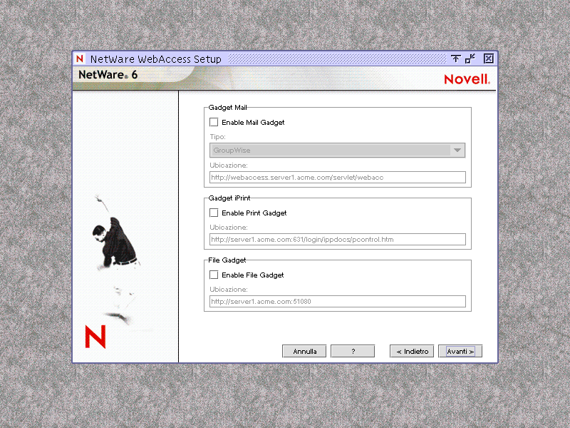 Schermata relativa ai gadget di NetWare WebAccess