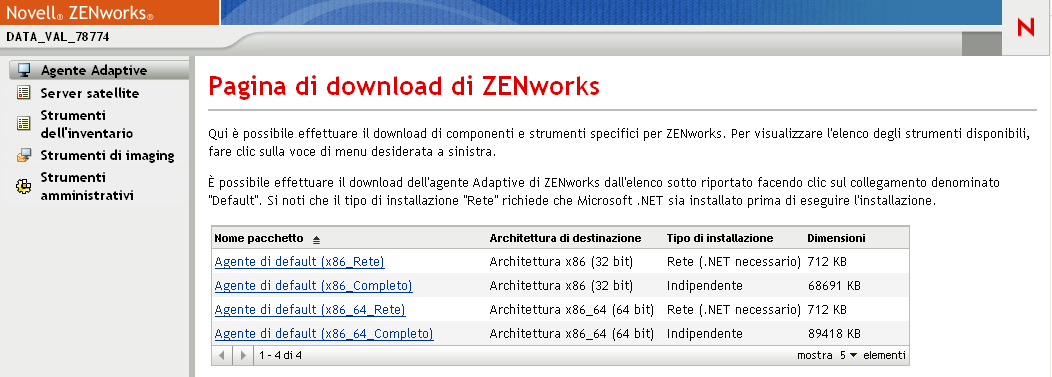 Pagina di scaricamento di ZENworks