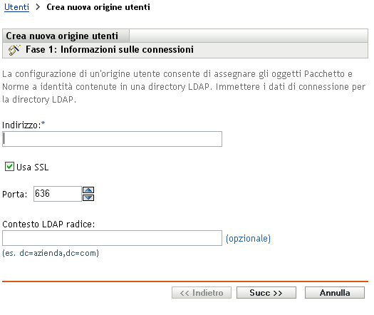 Creazione guidata nuova origine utente - Pagina Informazioni sulle connessioni