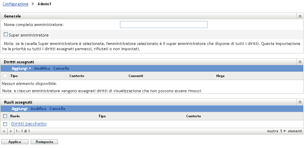 Pagina Impostazioni amministratore