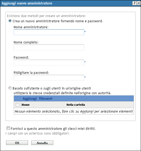 Finestra di dialogo Aggiungi nuovo amministratore