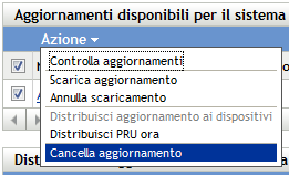 Pannello Stato aggiornamento sistema con Azioni visualizzato, in particolare l'azione Cancella aggiornamento