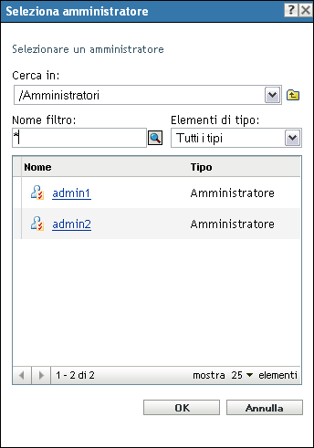 Finestra di dialogo Seleziona amministratore