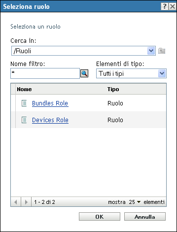 Finestra di dialogo Seleziona ruolo