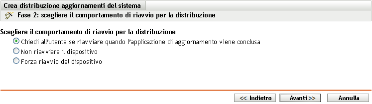 Pagina della procedura guidata Scegliere il comportamento di riavvio per la distribuzione