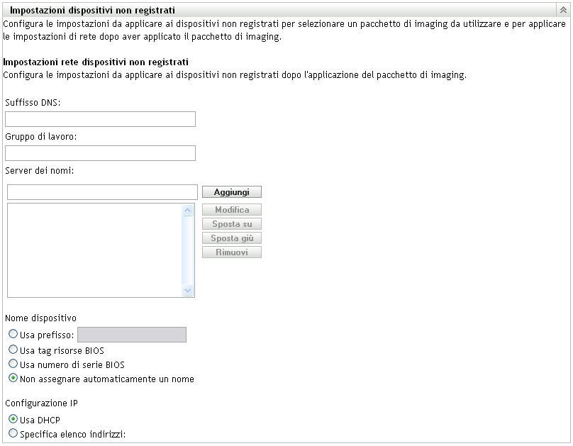 riquadro Impostazioni dispositivi non registrati