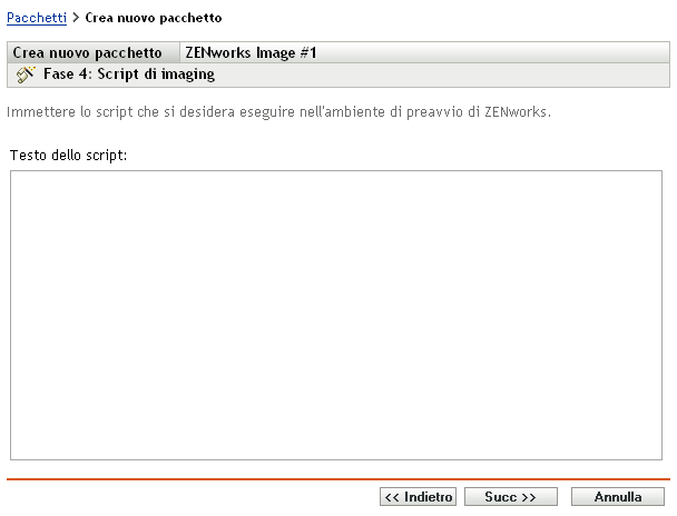 pagina Creazione guidata nuovo pacchetto - Script di imaging