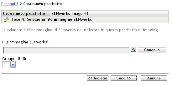 pagina Creazione guidata nuovo pacchetto - Seleziona file di immagine ZENworks