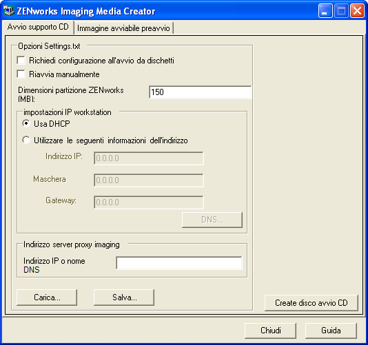 Imaging Media Creator: scheda Avvio da CD