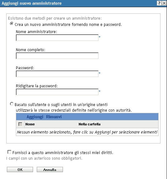 finestra di dialogo Aggiungi nuovo amministratore