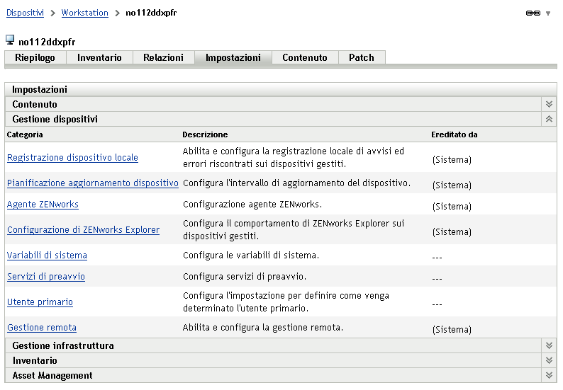 Pannello Impostazioni dispositivi