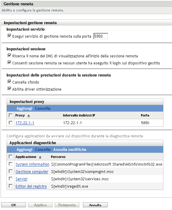 pagina Configurazione di Gestione remota