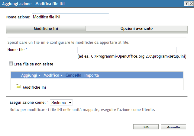 Finestra di dialogo Modifica file INI: Pagina Modifiche ini