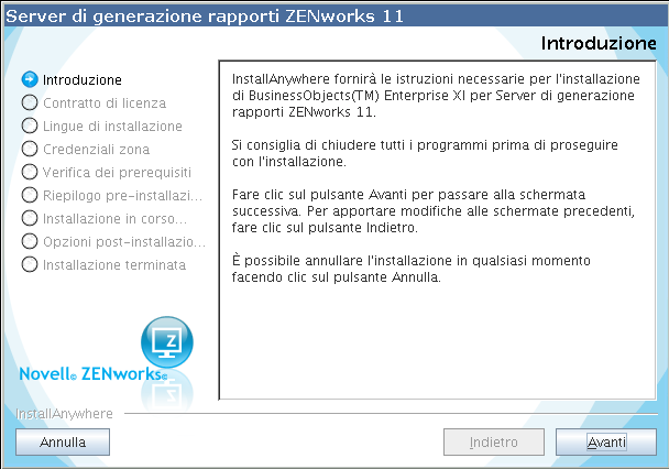 Procedura guidata di ZENworks Reporting Server