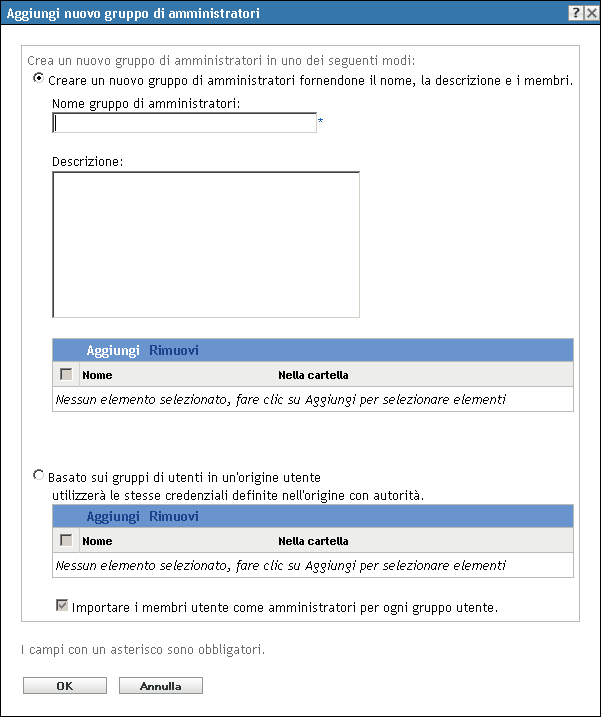 Finestra di dialogo Aggiungi nuovo gruppo di amministratori