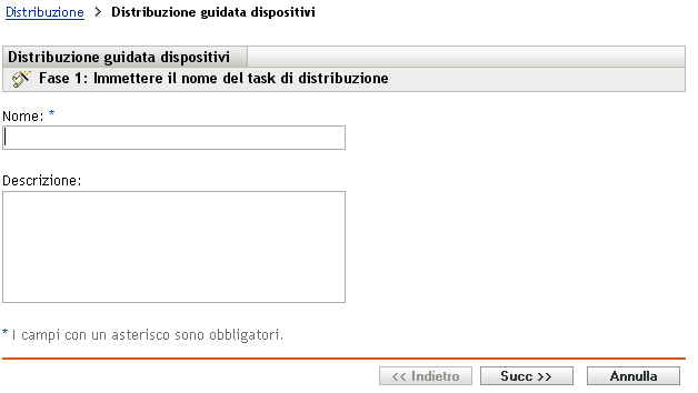 pagina Immettere il nome del task di distribuzione