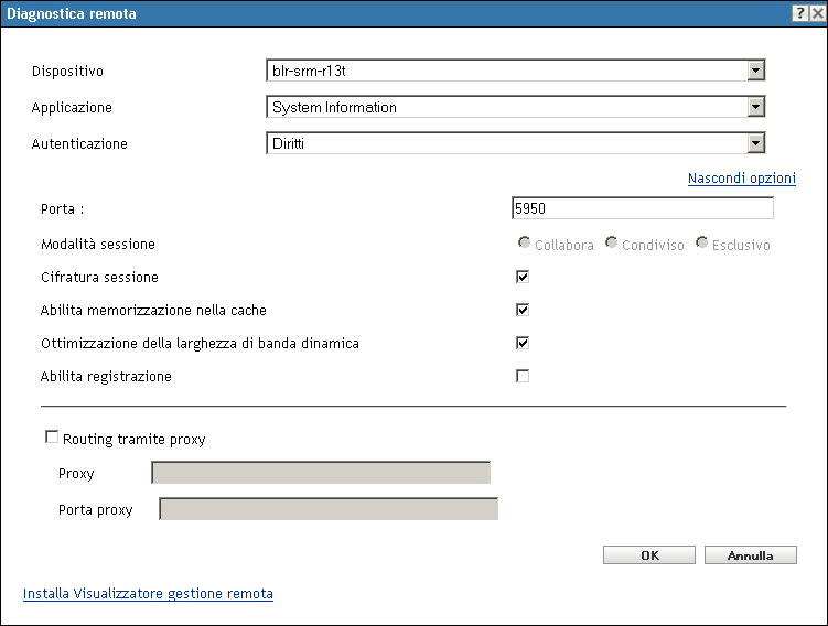 finestra di dialogo Diagnostica remota