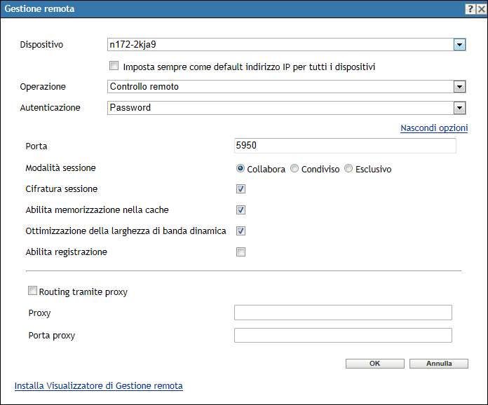 finestra di dialogo Gestione remota