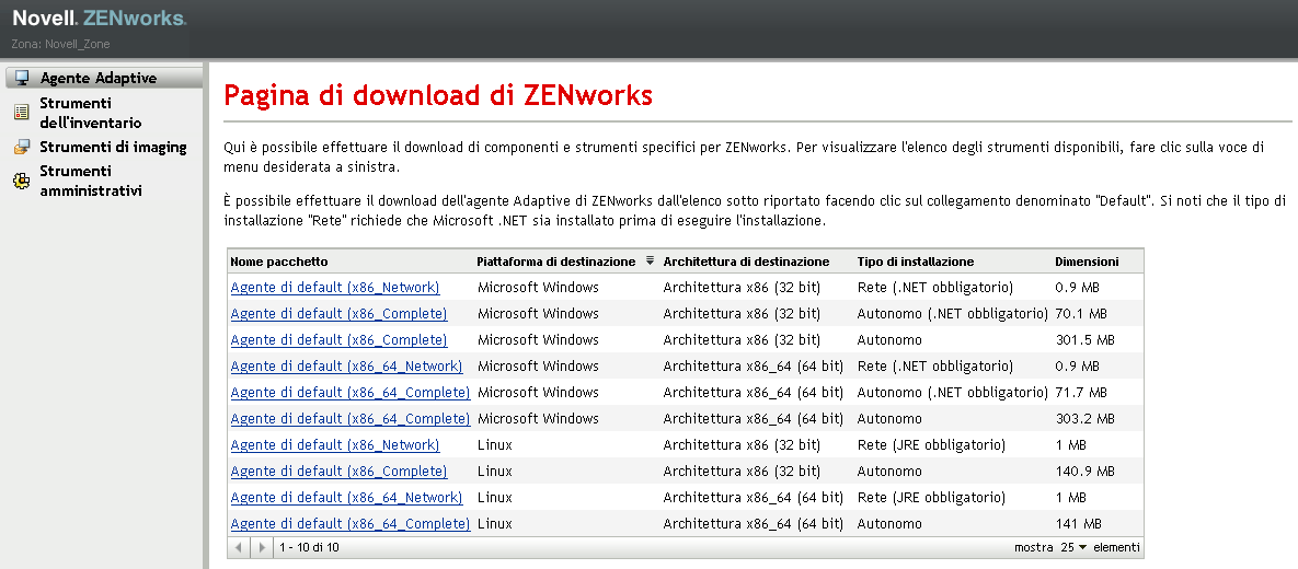 pagina di scaricamento di ZENworks