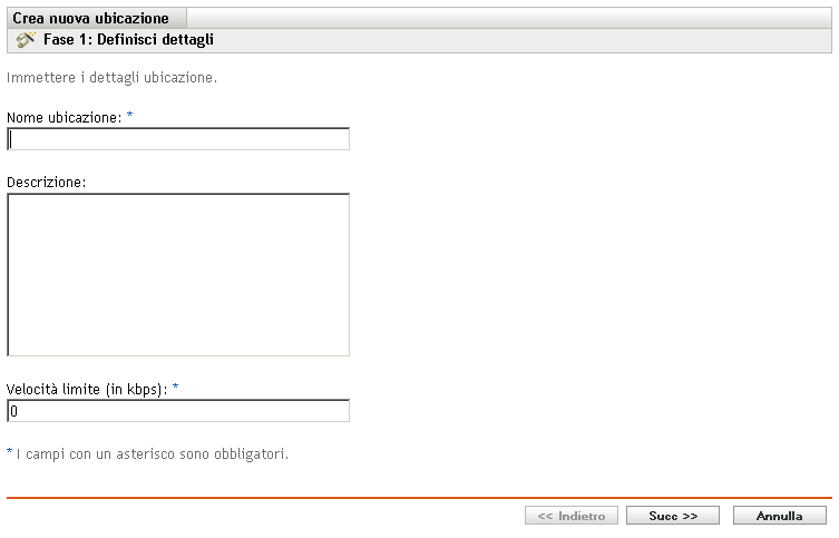 Pagina Definisci dettagli della procedura guidata Crea nuova ubicazione