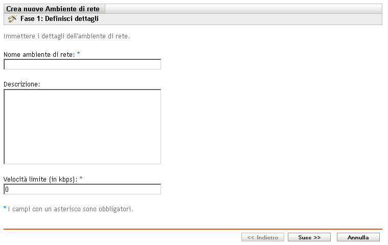 Pagina Definisci dettagli della procedura guidata Crea nuovo ambiente di rete