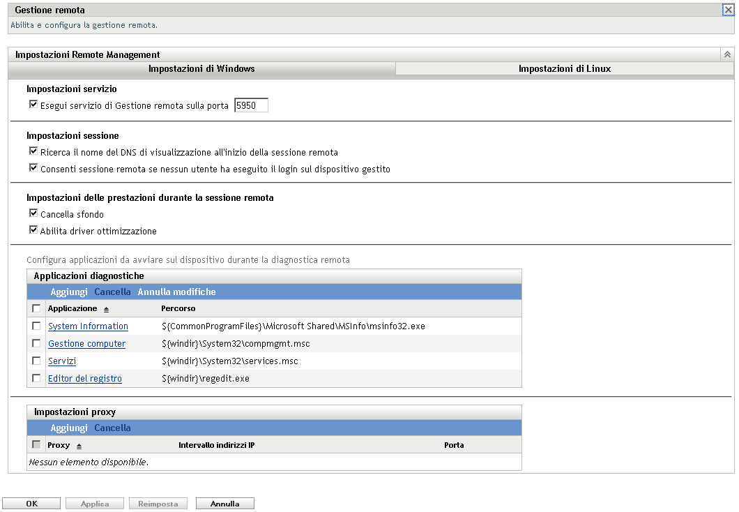 pagina Configurazione di Gestione remota