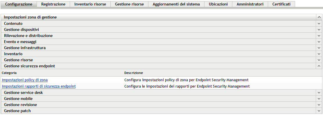 Pannello Endpoint Security Management