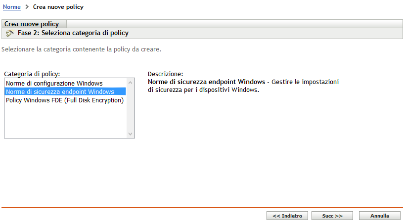 Pagina Seleziona categoria policy della procedura guidata di creazione di una nuova policy