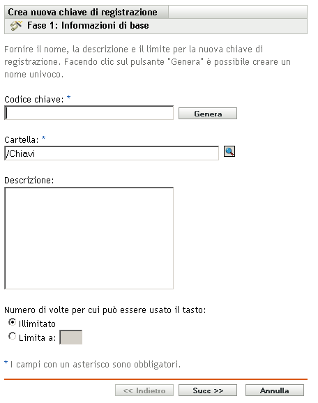 Creazione guidata nuova chiave di registrazione - Pagina Informazioni di base