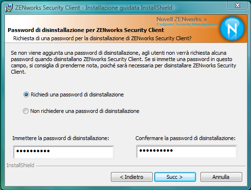 Aggiunta della password di disinstallazione