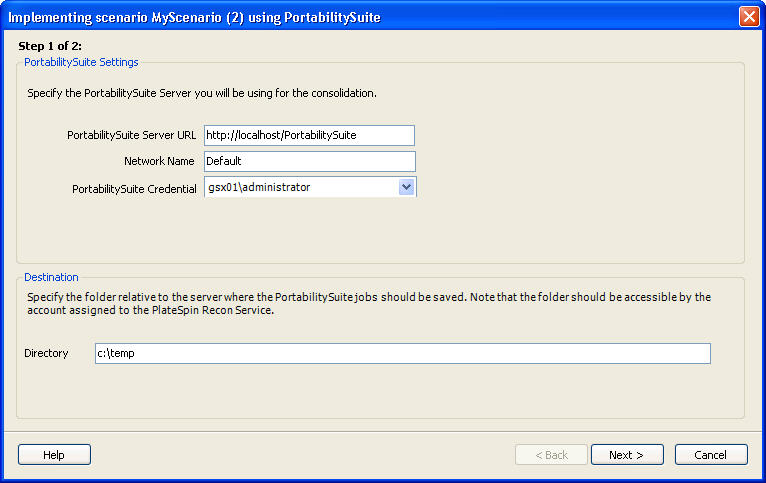 ［Implementing scenario <name> using Portability Suite (Step 1 of 2)］ダイアログボックス