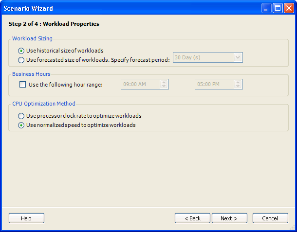 Scenario Wizardの［Step 2 of 4: Workload Properties］ダイアログボックス