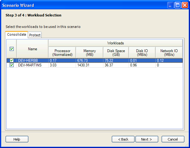 Scenario Wizardの［Step 3 of 4: Workload Selection］ダイアログボックス