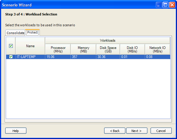 Scenario Wizardの［Step 3 of 4: Workload Selection］ダイアログボックス