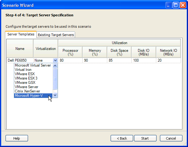 Scenario Wizardの［Step 4 of 4: Target Server Specification］ダイアログボックス