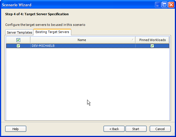 Scenario Wizardの［Step 4 of 4: Target Server Specification］ダイアログボックス