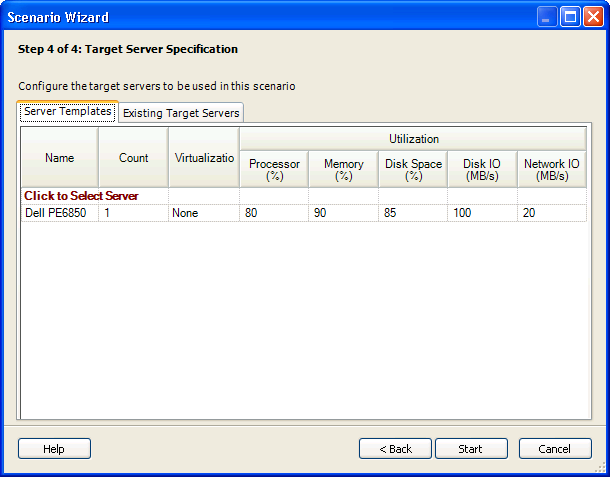 Scenario Wizardの［Step 4 of 4: Target Server Specification］ダイアログボックス