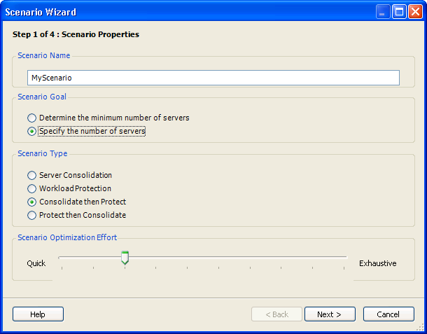 Scenario Wizardの［Step 1 of 4: Scenario Properties］ダイアログボックス