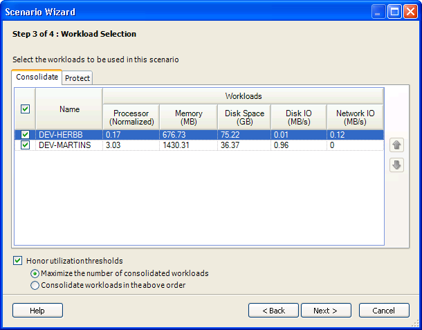 Scenario Wizardの［Step 3 of 4: Workload Selection］ダイアログボックス