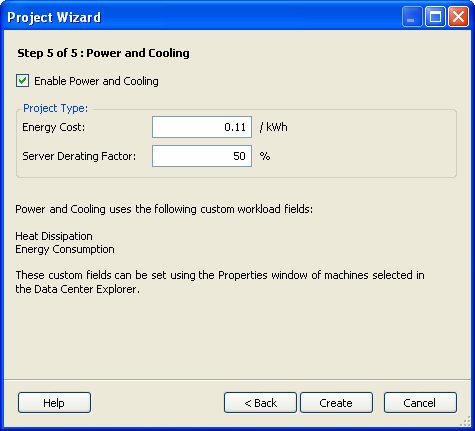 Project Wizardの［Step 5 of 5: Power and Cooling］ダイアログボックス