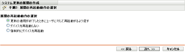 ［展開の再起動動作の選択］ウィザードページ