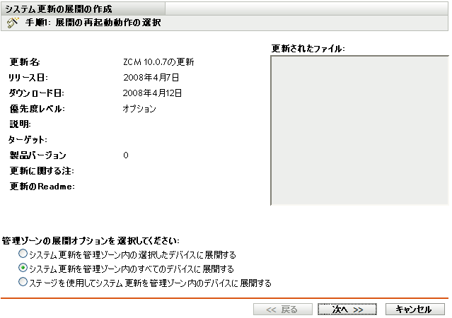 ［システム更新と展開オプションの選択］ウィザードページ