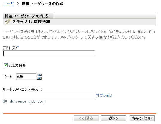新規ユーザソースの作成ウィザード - ［接続情報］ページ