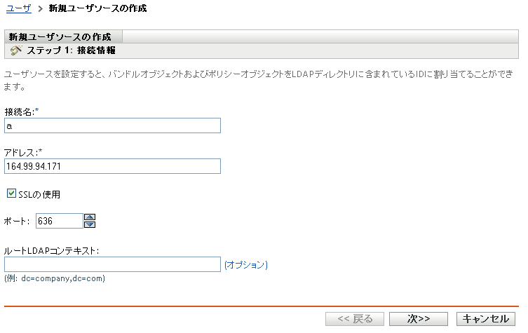 新規ユーザソースの作成ウィザード - ［接続情報］ページ