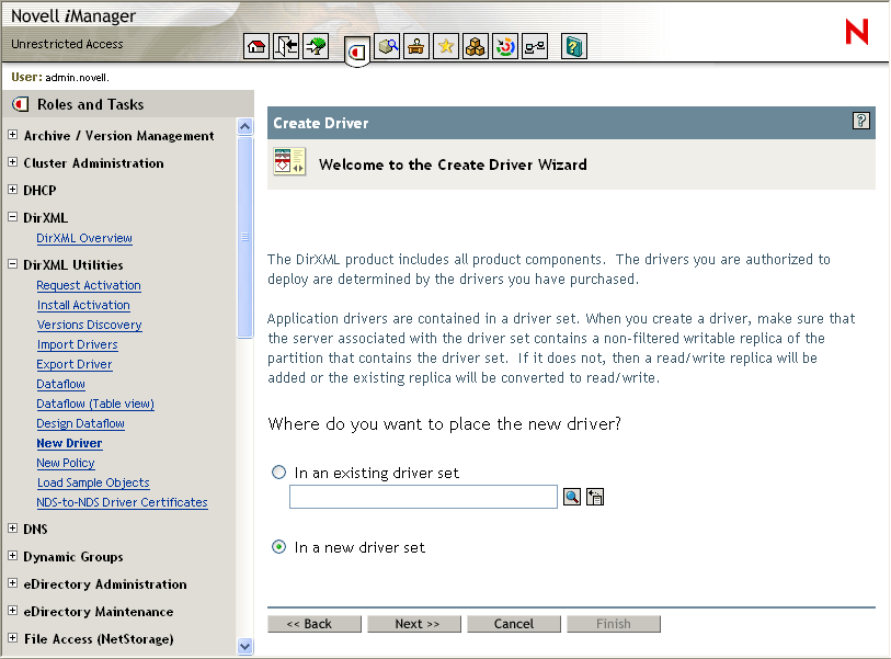 Create Driver Wizardが開いた状態のNovell iManagerメインページ。